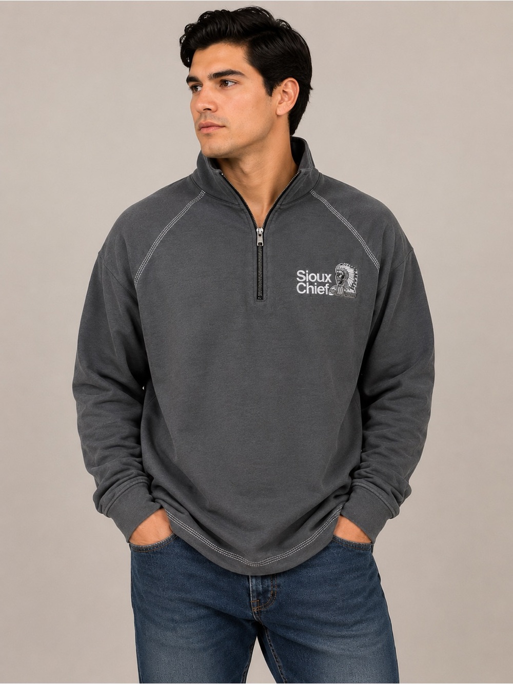 AKWA Classic Sioux Chief Men’s XL Gray 1/4 Zip Pullover Made in USA Embroidered